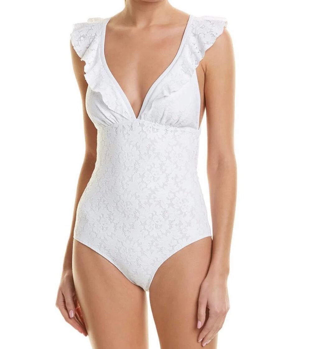 New! $240 Shoshanna Swimwear Ruffle Neck One Piece White Lace Women's 8 Swimsuit
